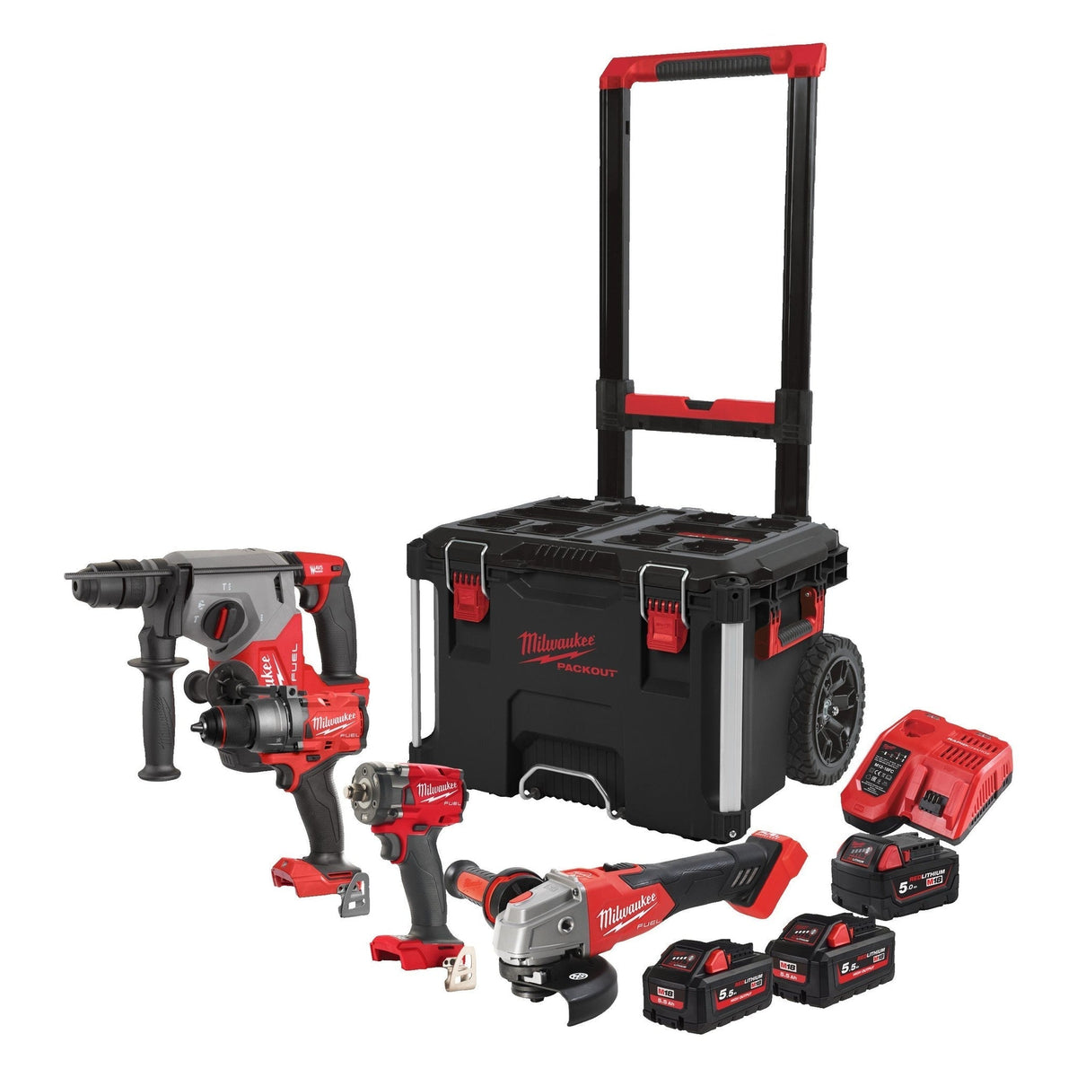 Milwaukee M18 FPP4C-555T Powerpack met 4 machines 18V - 1x5,0Ah/2x5,5Ah Li-Ion - in Packout Trolley